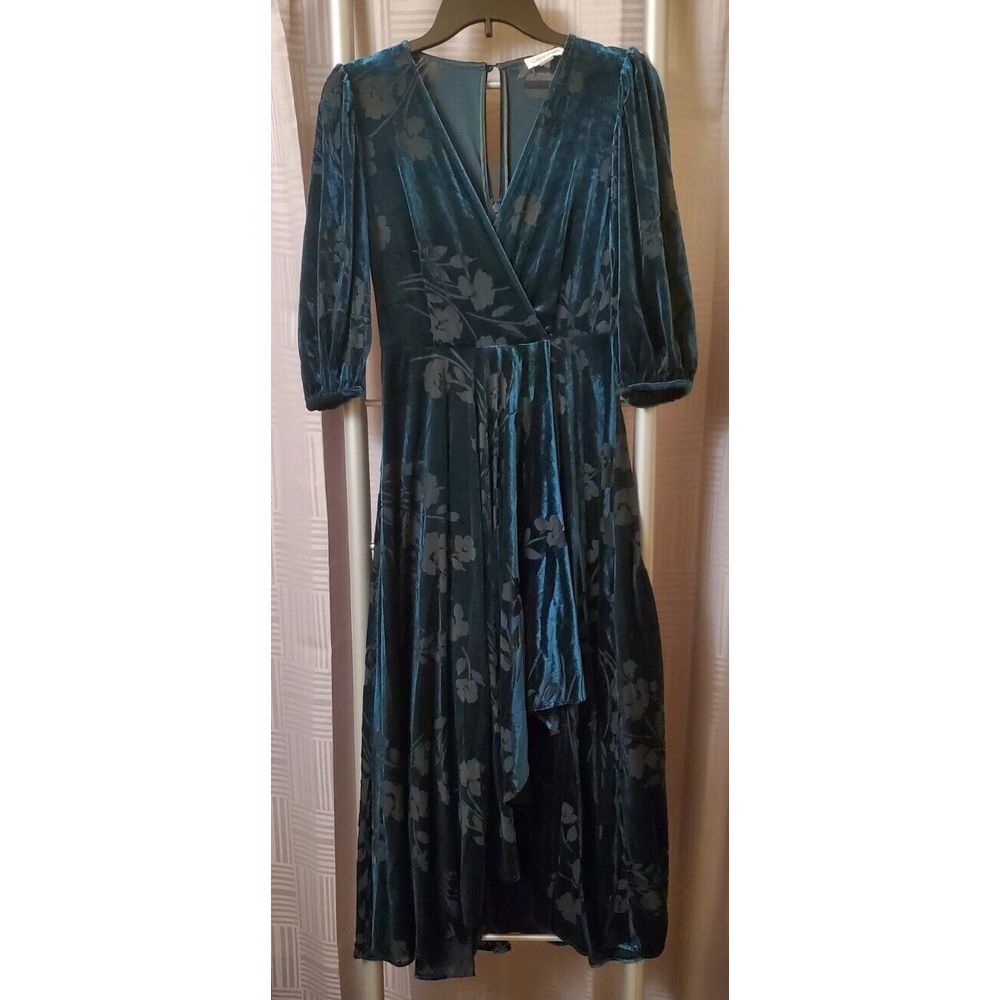CALVIN KLEIN‎ Velvet Dress Women 2 Green Floral Stretch 3/4 Sleeve